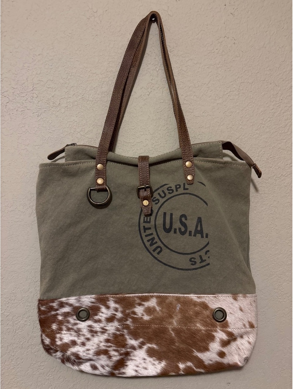 Myra Bag Canvas and Faux Fur Tote Shoulder Bag with USA Print